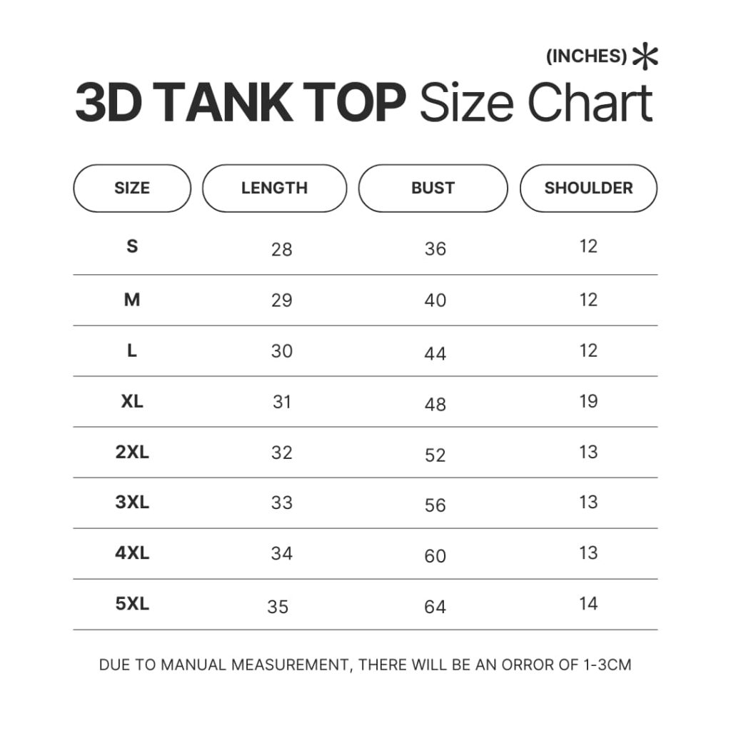 3D Tank Top Size Chart - Official JJBA