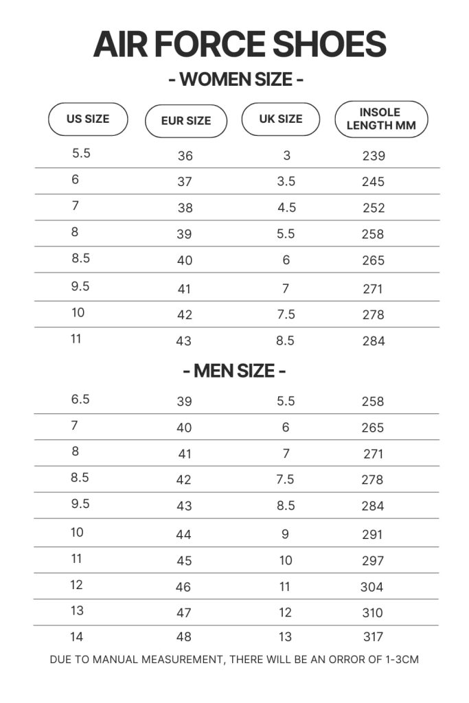 Air Force Shoes Size Chart - Official JJBA