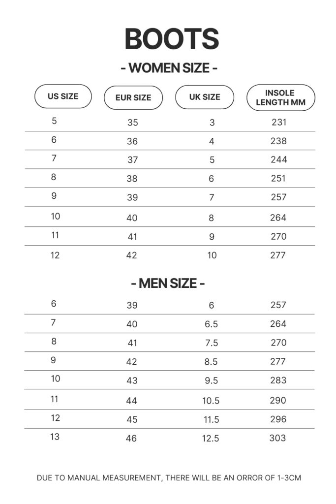 Boots Size Chart 1 - Official JJBA